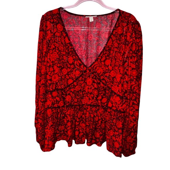 Floral Print Boho Blouse Plus Size XXL Red Black Western Boho Sexy Peplum Top - Picture 4 of 8